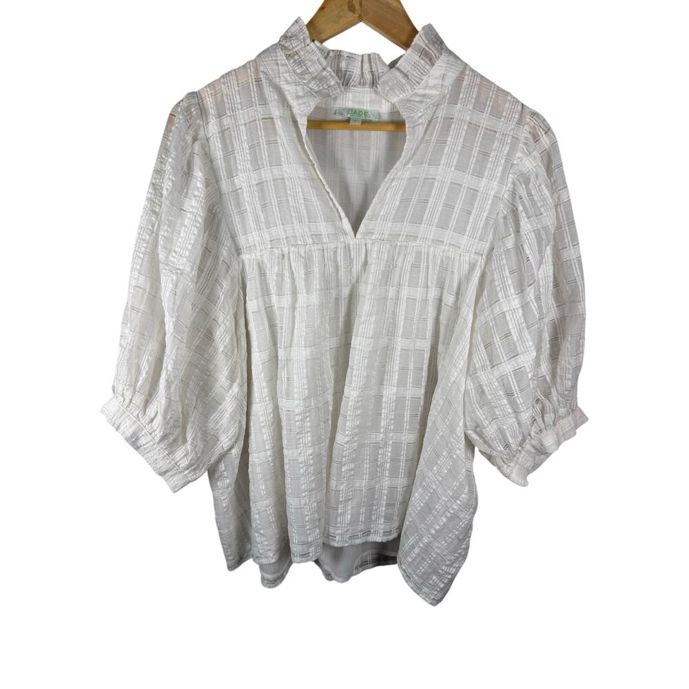 JADE White Metallic Ruffle Neck Puff Sleeve Top Large